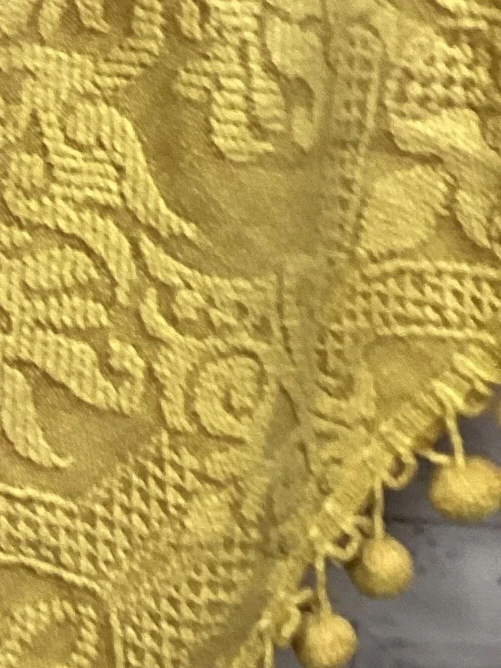 Vintage 70s Yellow Oval Throw with Pom Trim
